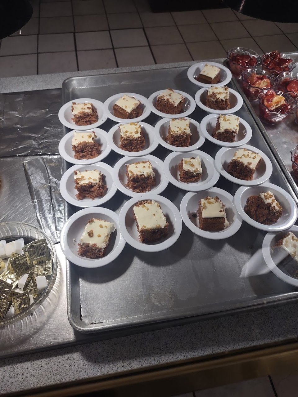 Buffet dishes arranged for self-serve dining.