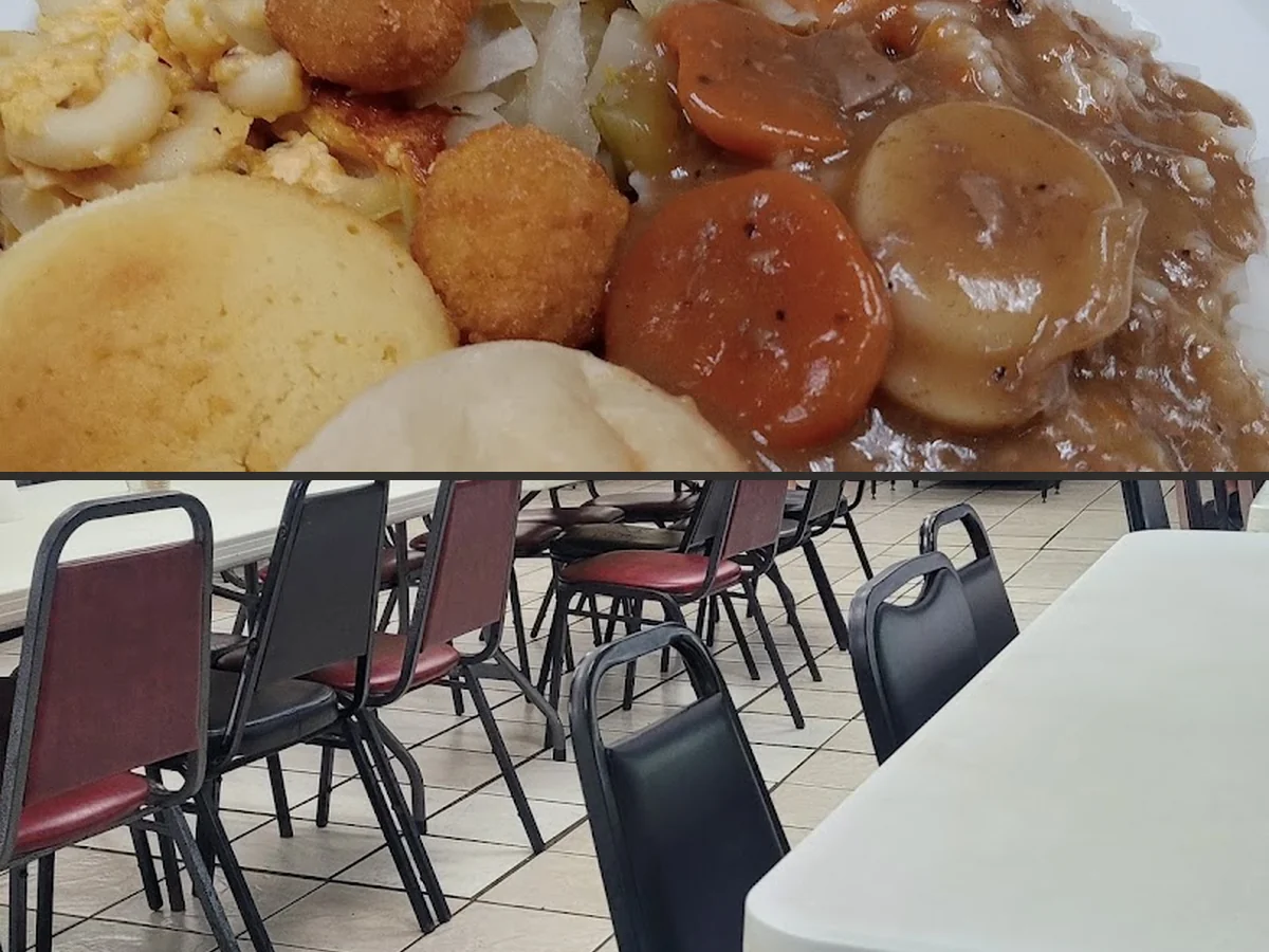 Restaurant interior with space for buffet service.