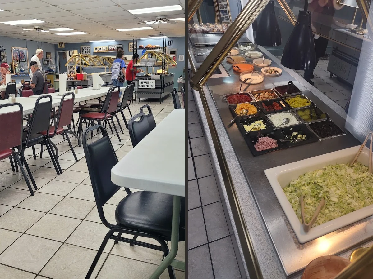 Buffet tables inside a casual restaurant dining room.